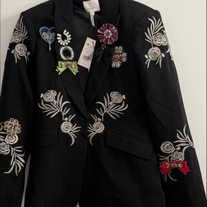 Cinq à Sept Black Blazer with Silver Embroidery and Colorful Accents